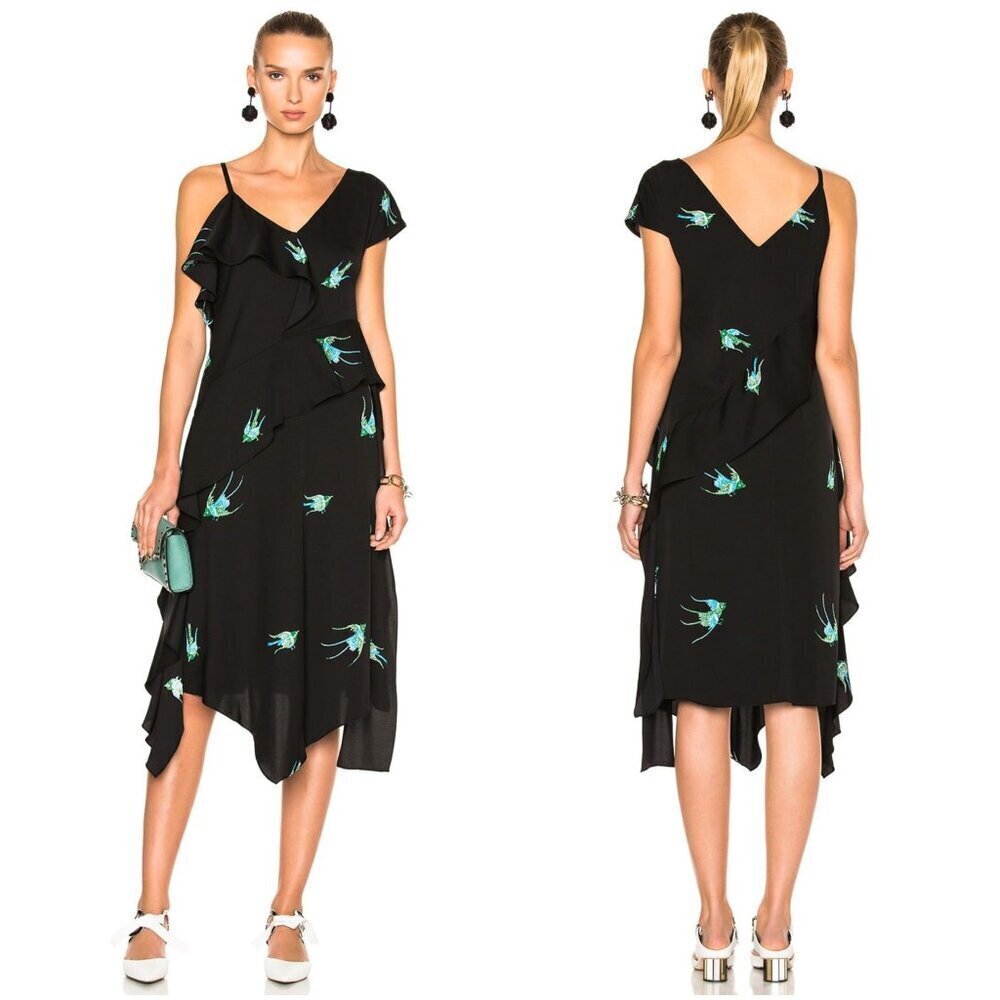 Diane von Furstenberg DVG Asymmetric Ruffle Bird Print Dress $568